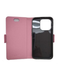 Etui anti-ondes ouvert en cuir pour Apple iPhone 16 Pro couleur rose.